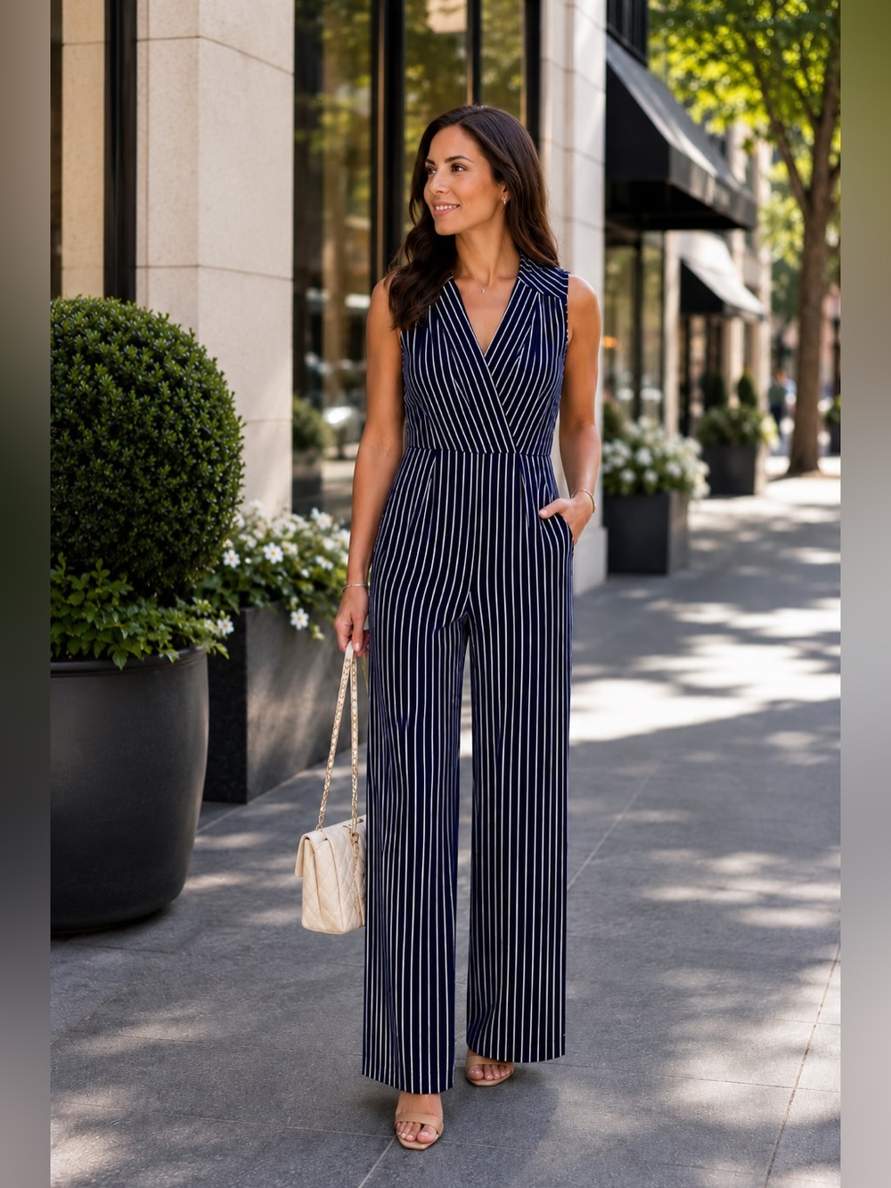 Monteau Navy & White Striped Faux Wrap Jumpsuit Sleeveless Pockets Size Small